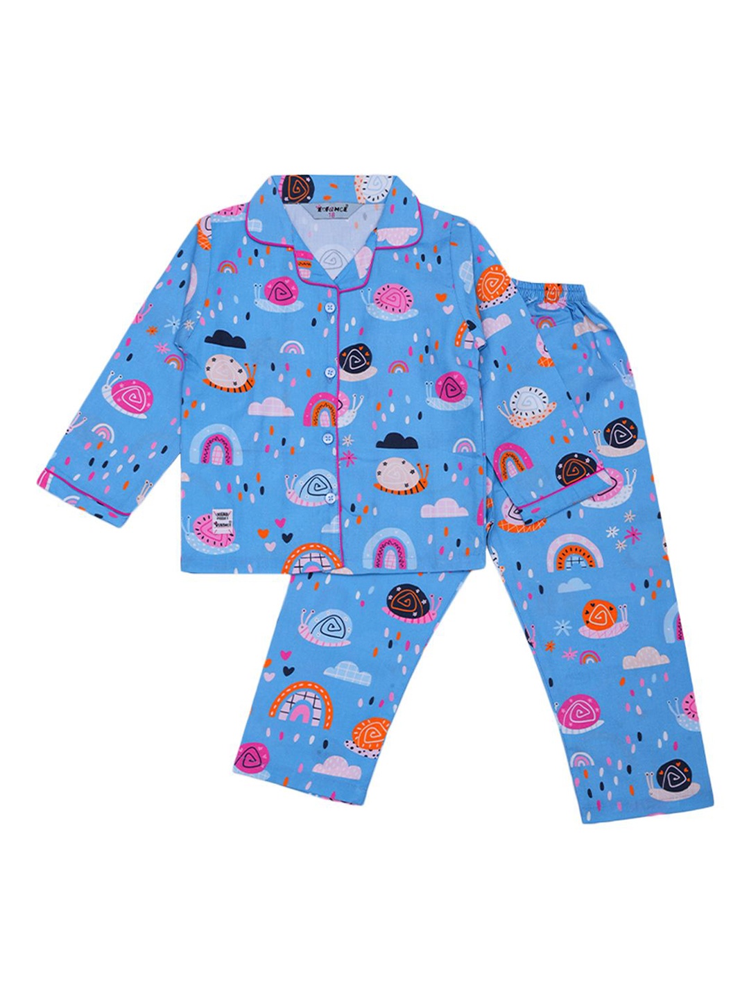 

Enfance Kids Graphic Printed Lapel Collar Pure Cotton Shirt With Pyjamas, Blue