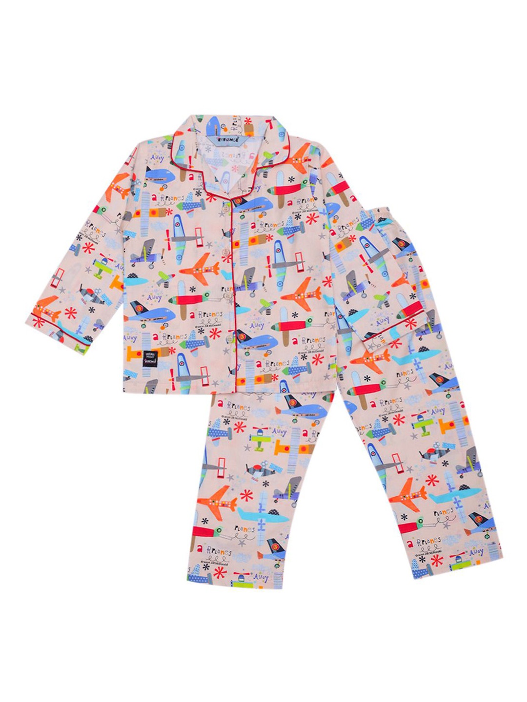 

Enfance Kids Graphic Printed Lapel Collar Pure Cotton Shirt With Pyjamas, Cream