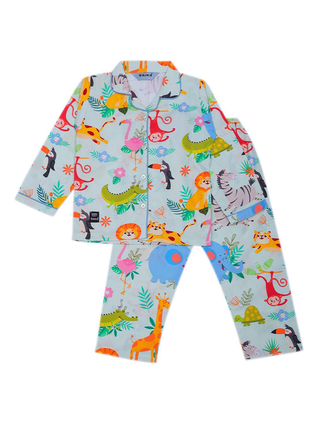

Enfance Kids Graphic Printed Lapel Collar Pure Cotton Shirt With Pyjamas, Green