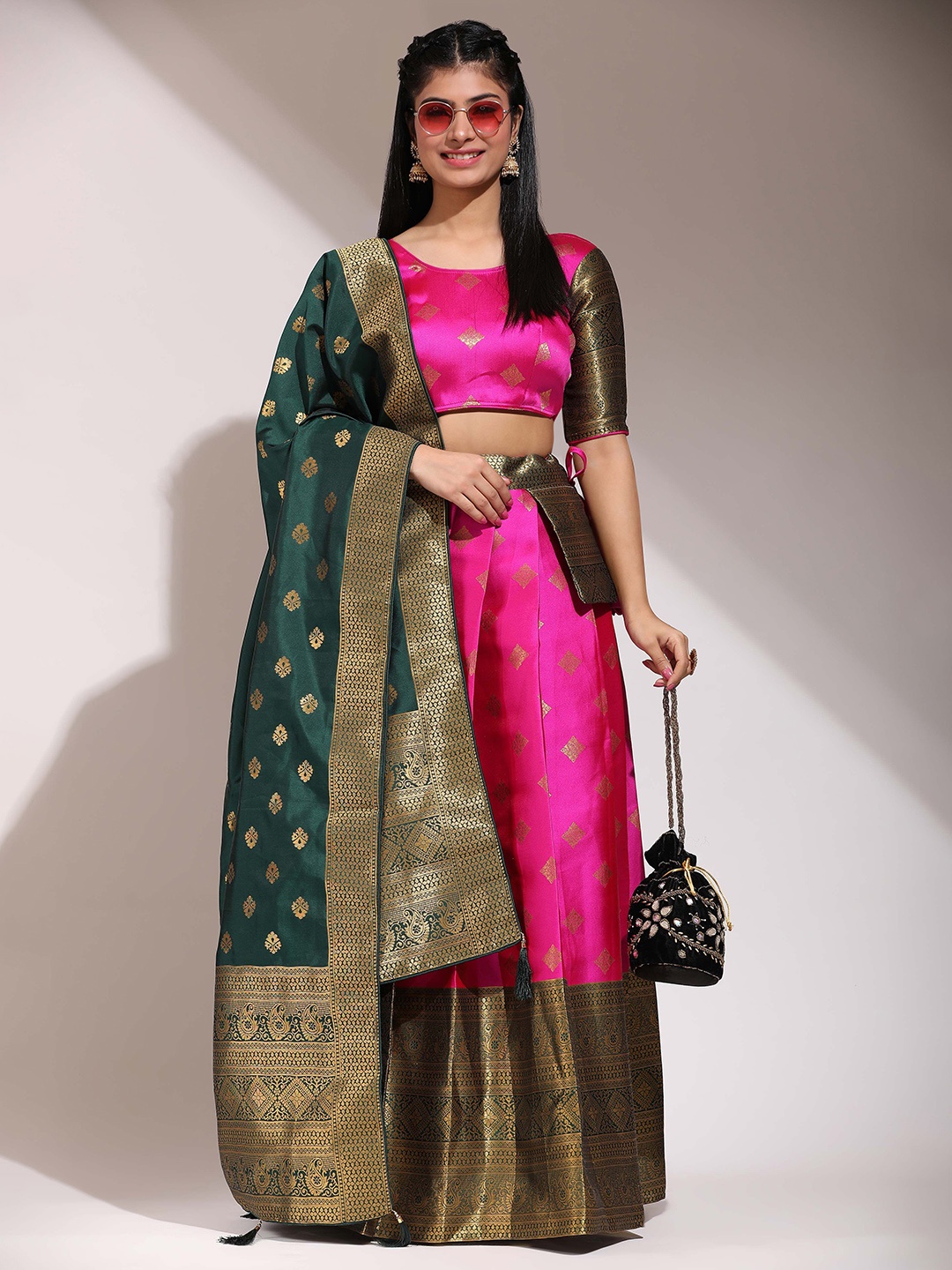 

Fabcartz Woven Design Semi-Stitched Lehenga & Unstitched Blouse With Dupatta, Pink