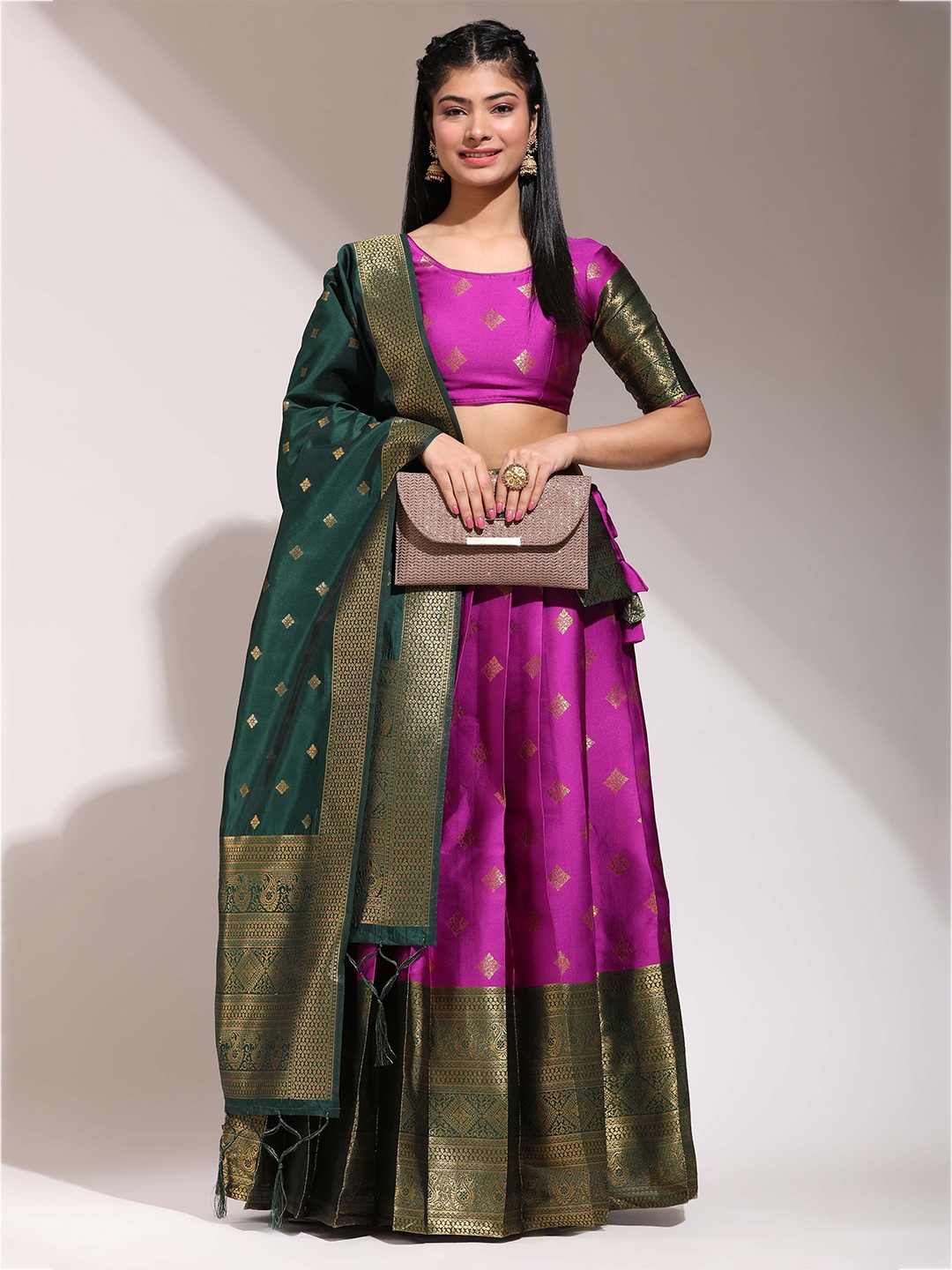 

Fabcartz Woven Design Zari Semi-Stitched Lehenga & Unstitched Blouse With Dupatta, Violet