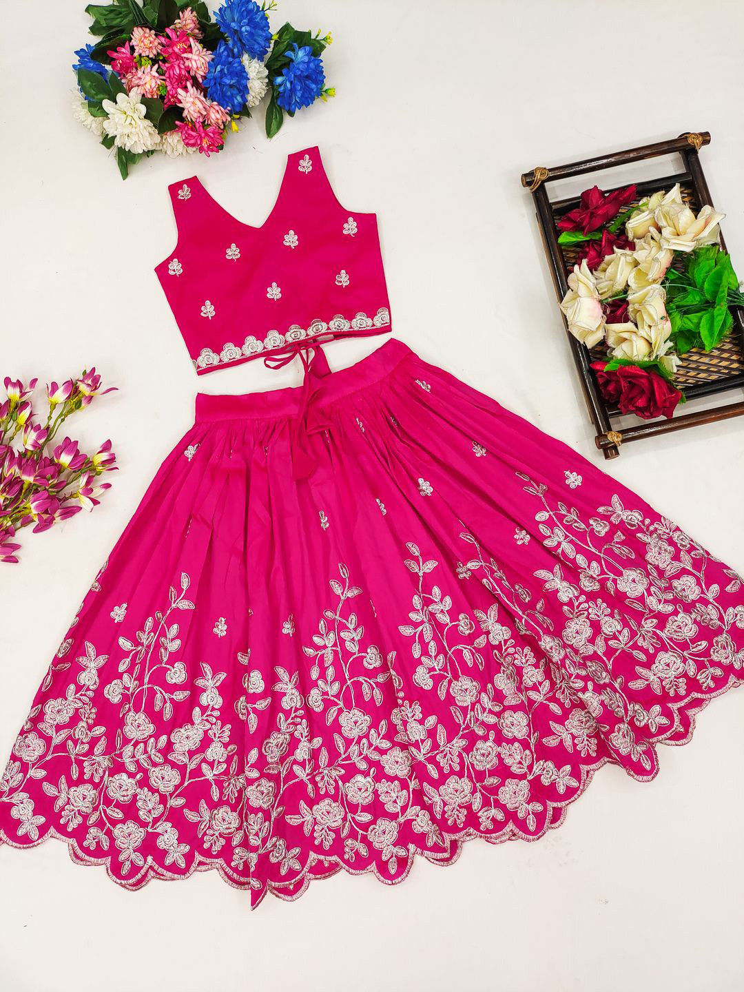 

BAESD Girls Embroidered Thread Work Ready to Wear Lehenga & Blouse, Pink