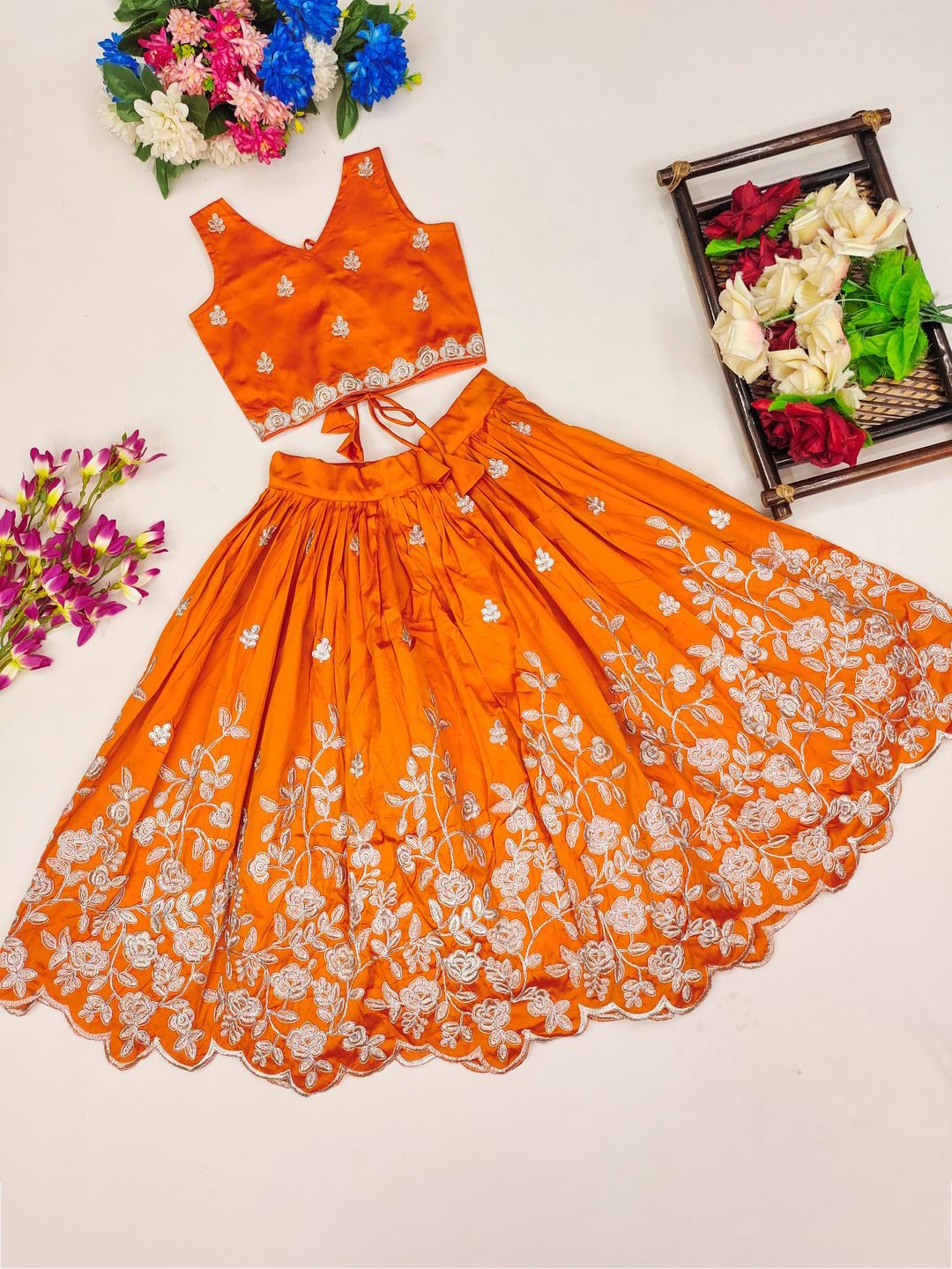 

BAESD Girls Embroidered Thread Work Ready to Wear Lehenga & Blouse, Orange