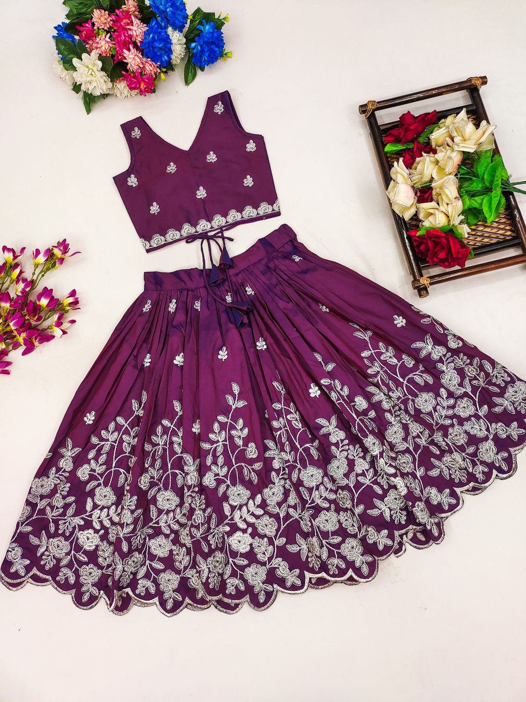 

BAESD Girls Embroidered Thread Work Ready to Wear Lehenga & Blouse, Purple