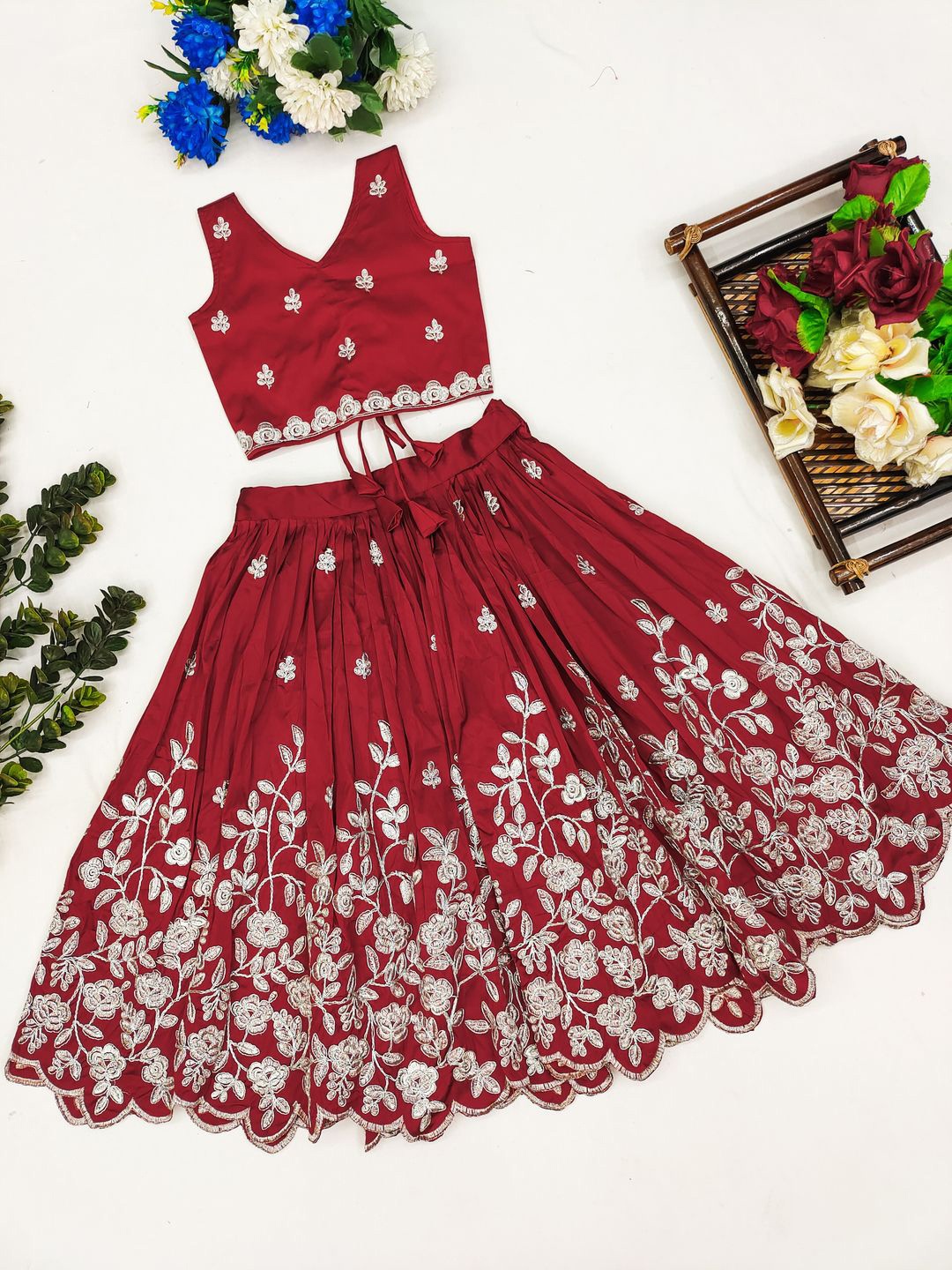 

BAESD Girls Embroidered Thread Work Ready to Wear Lehenga & Blouse, Maroon