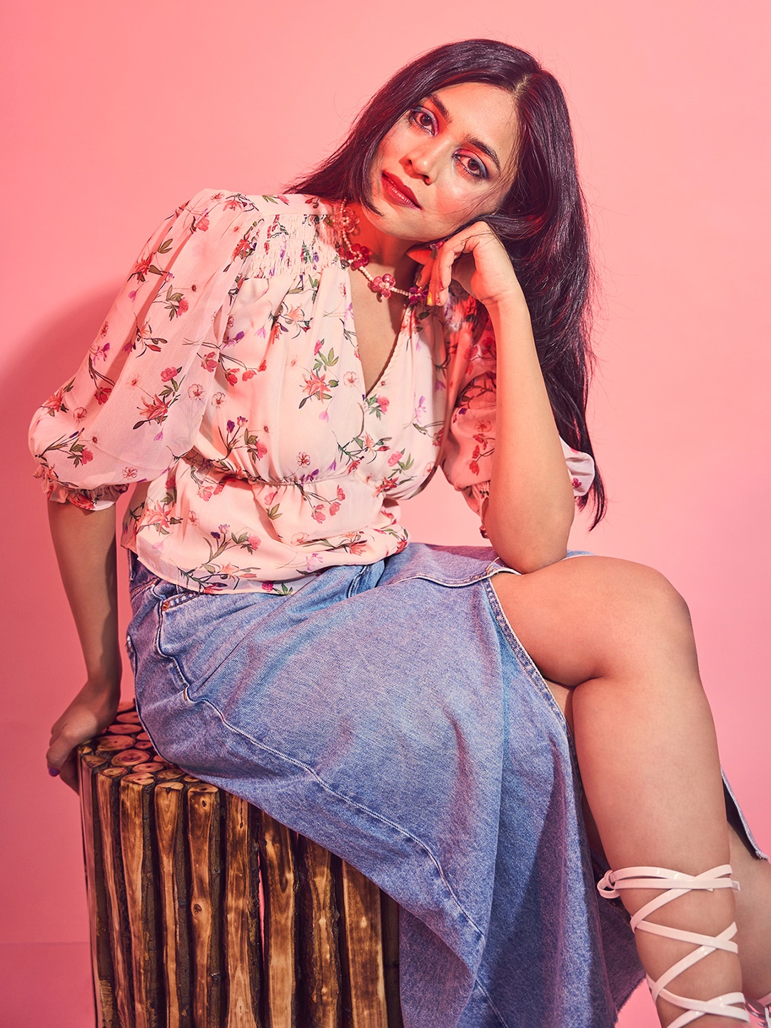 

D BIAS Floral Print Tie-Up Neck Satin Georgette Top, Coral