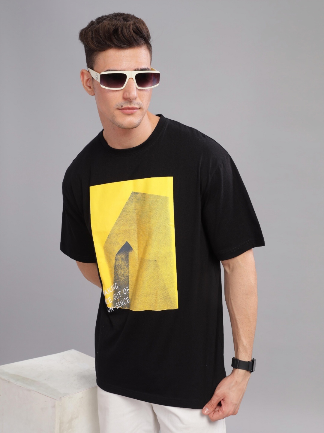 

TOMHIDDLE Men Typography Printed Round Neck Cotton Oversized T-Shirt, Black