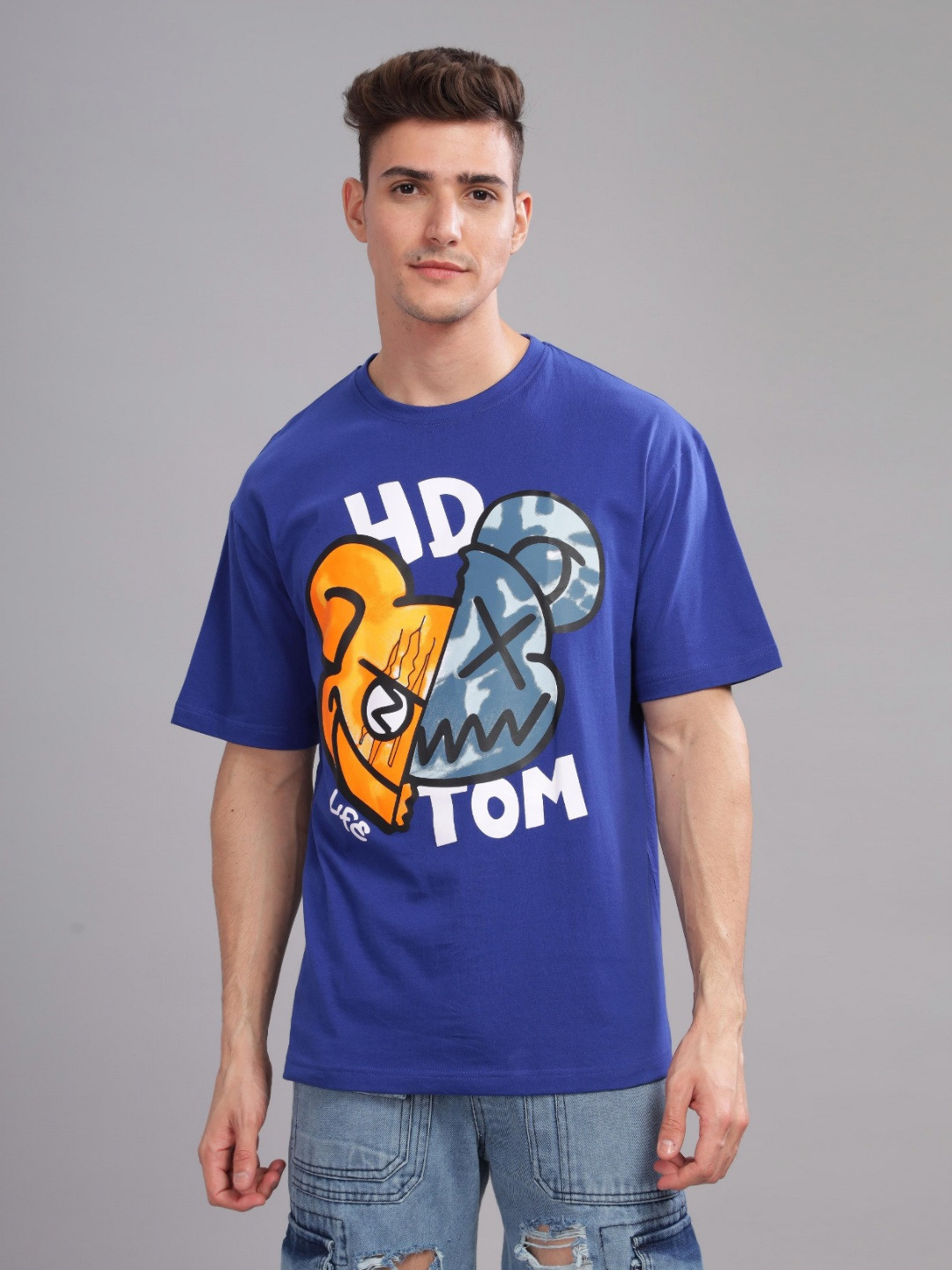 

TOMHIDDLE Men Typography Printed Round Neck Cotton Oversized T-Shirt, Blue