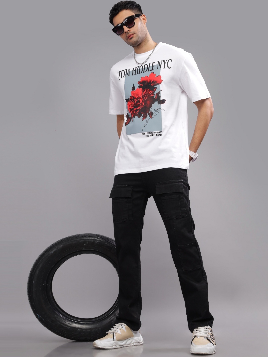 

TOMHIDDLE Men Typography Printed Round Neck Cotton Oversized T-Shirt, White