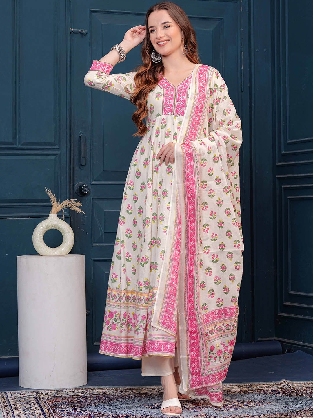 

Mizaz Floral Printed Empire Mirror Work Pure Cotton Anarkali Kurta With Trousers & Dupatta, Off white