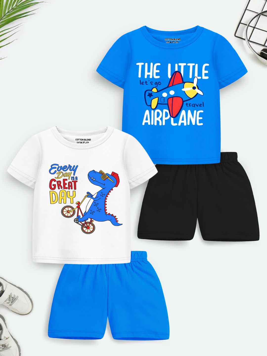 

YK X Trampoline Kids Pack Of 2 Graphic Printed T-shirts With Shorts, White