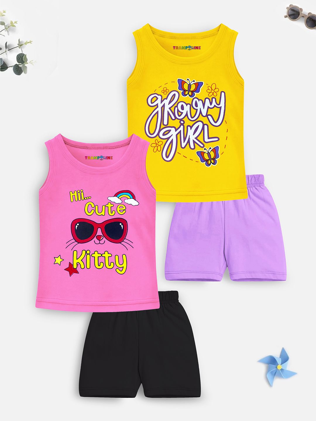 

YK X Trampoline Girls Pack Of 2 Graphic Printed Sleeveless T-shirts With Shorts, Yellow