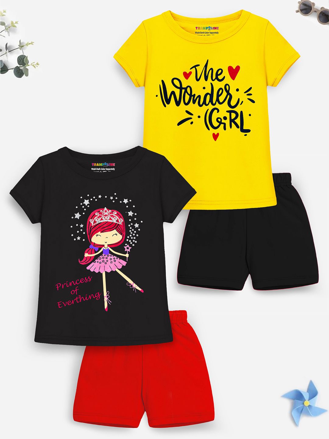 

YK X Trampoline Girls Pack Of 2 Graphic Printed T-shirts With Shorts, Black
