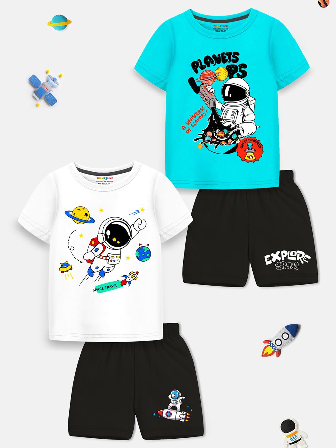 

YK X Trampoline Kids Pack Of 2 Graphic Printed T-shirts With Shorts, Blue