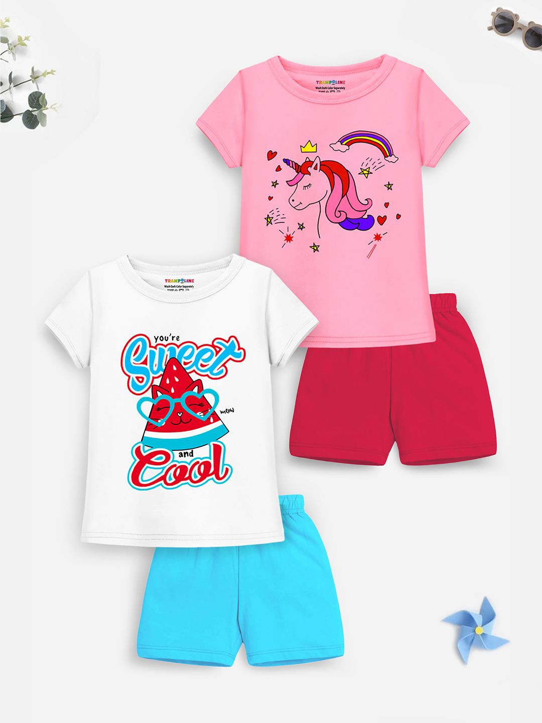 

YK X Trampoline Girls Pack of 2 Printed T-shirt with Shorts, White