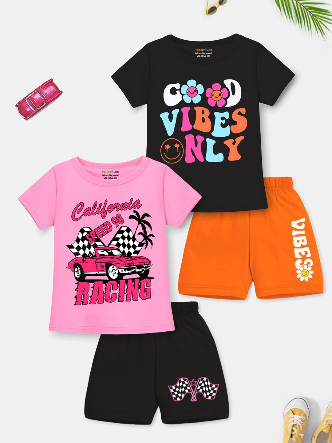 

YK X Trampoline Girls Pack Of 2 Printed T-shirt with Shorts, Orange