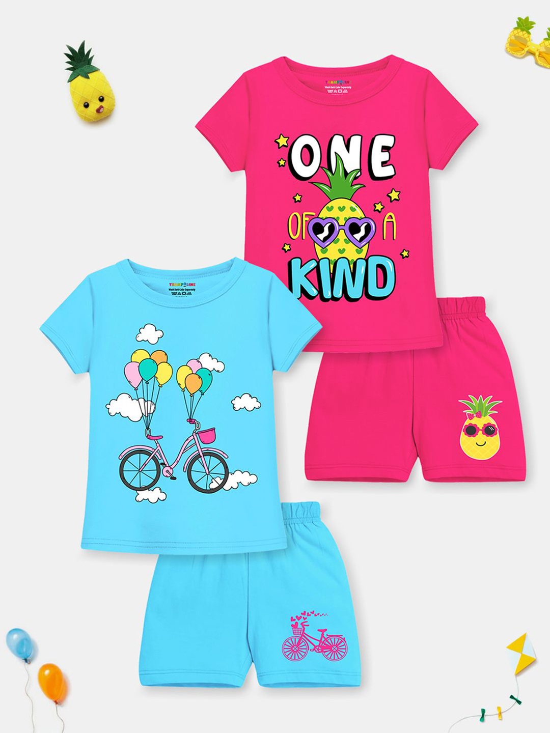 

YK X Trampoline Girls Pack Of 2 Graphic Printed T-shirt With Shorts, Blue