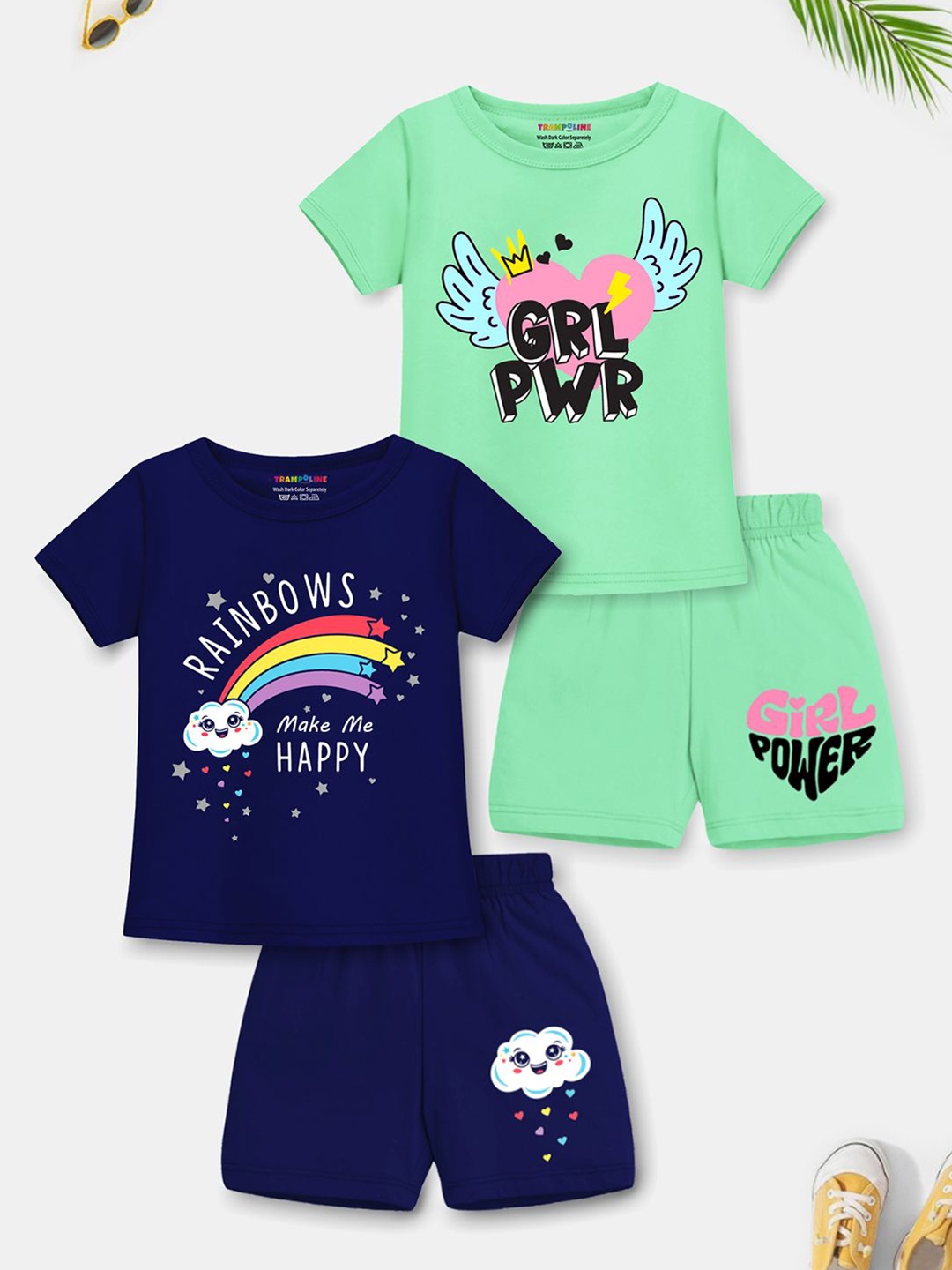 

YK X Trampoline Girls Pack Of 2 Graphic Printed T-shirt With Shorts, Green