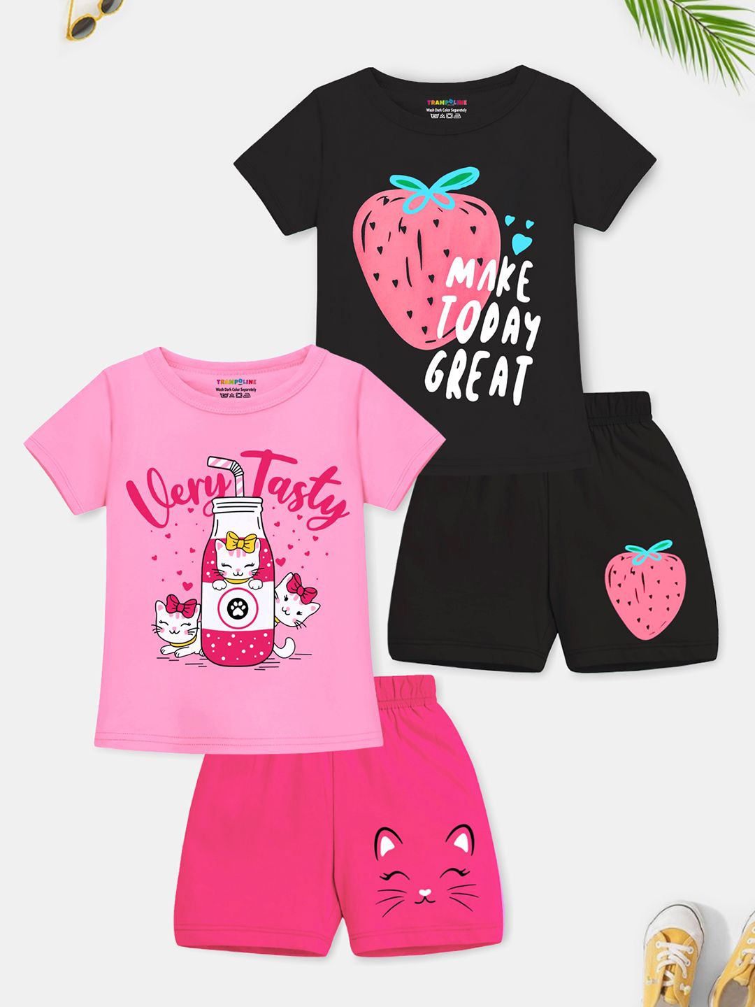 

YK X Trampoline Pack Of 2 Girls Printed T-shirt With Shorts, Black