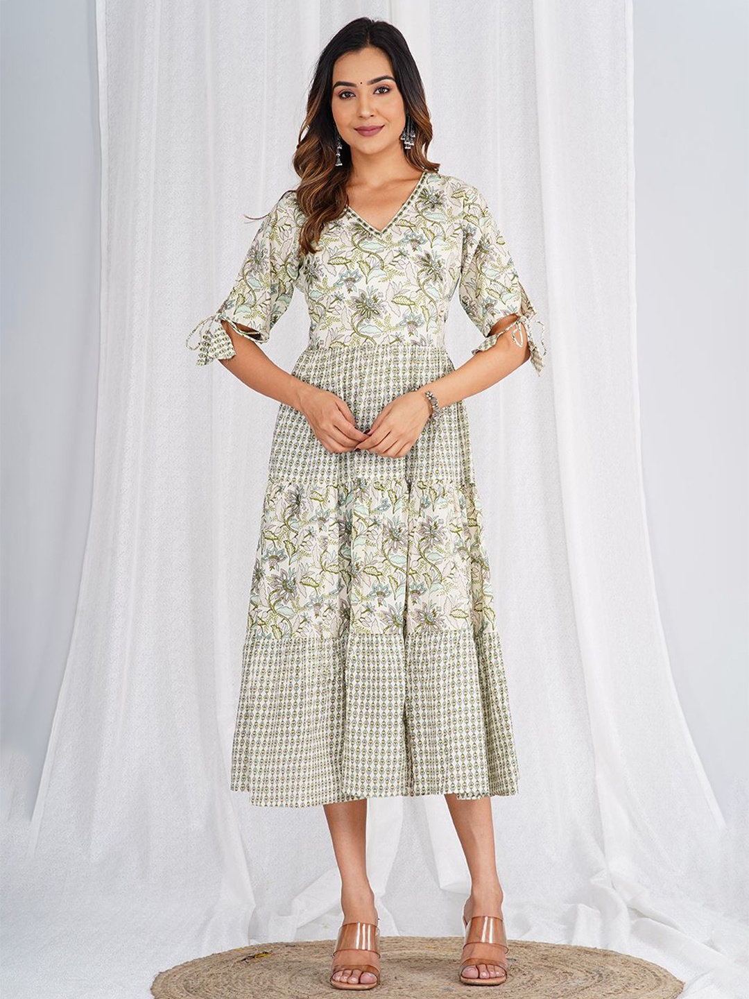 

KALINI Floral Print A-Line Midi Dress, Cream