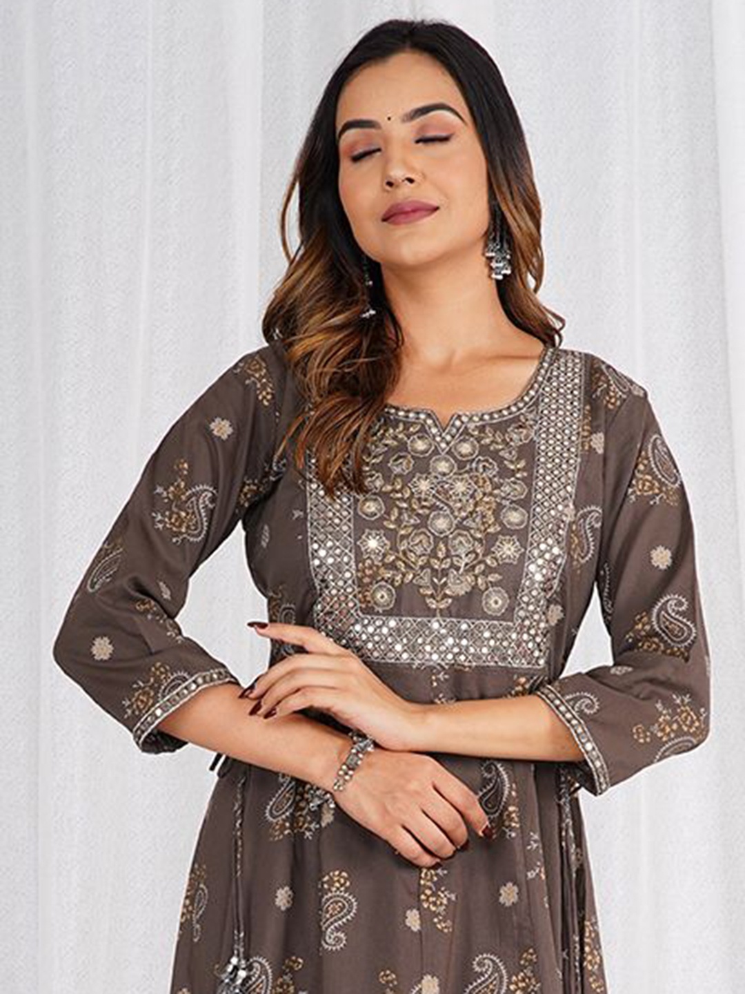

KALINI Ethnic Motifs Print Fit & Flare Dress, Brown