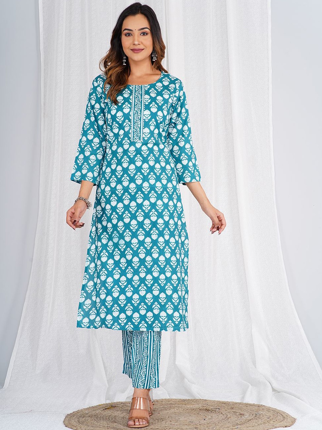 

KALINI Floral Printed Pure Cotton Straight Kurta with Trousers, Blue