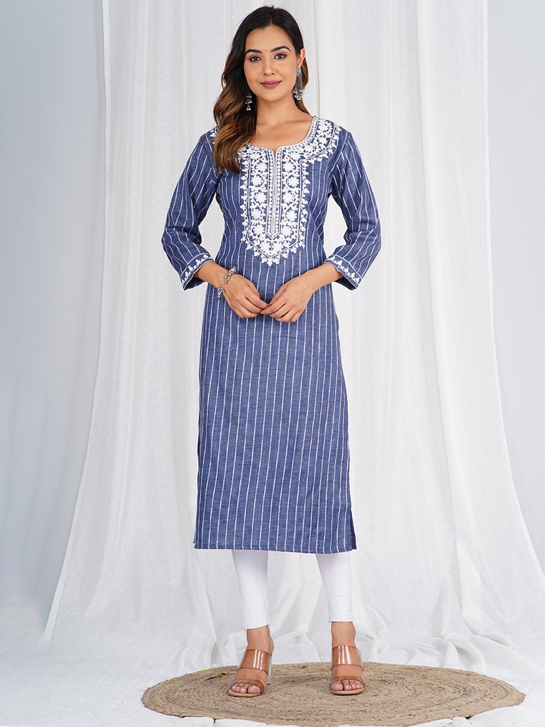 

KALINI Striped Round Neck Thread Work Cotton Straight Kurta, Blue