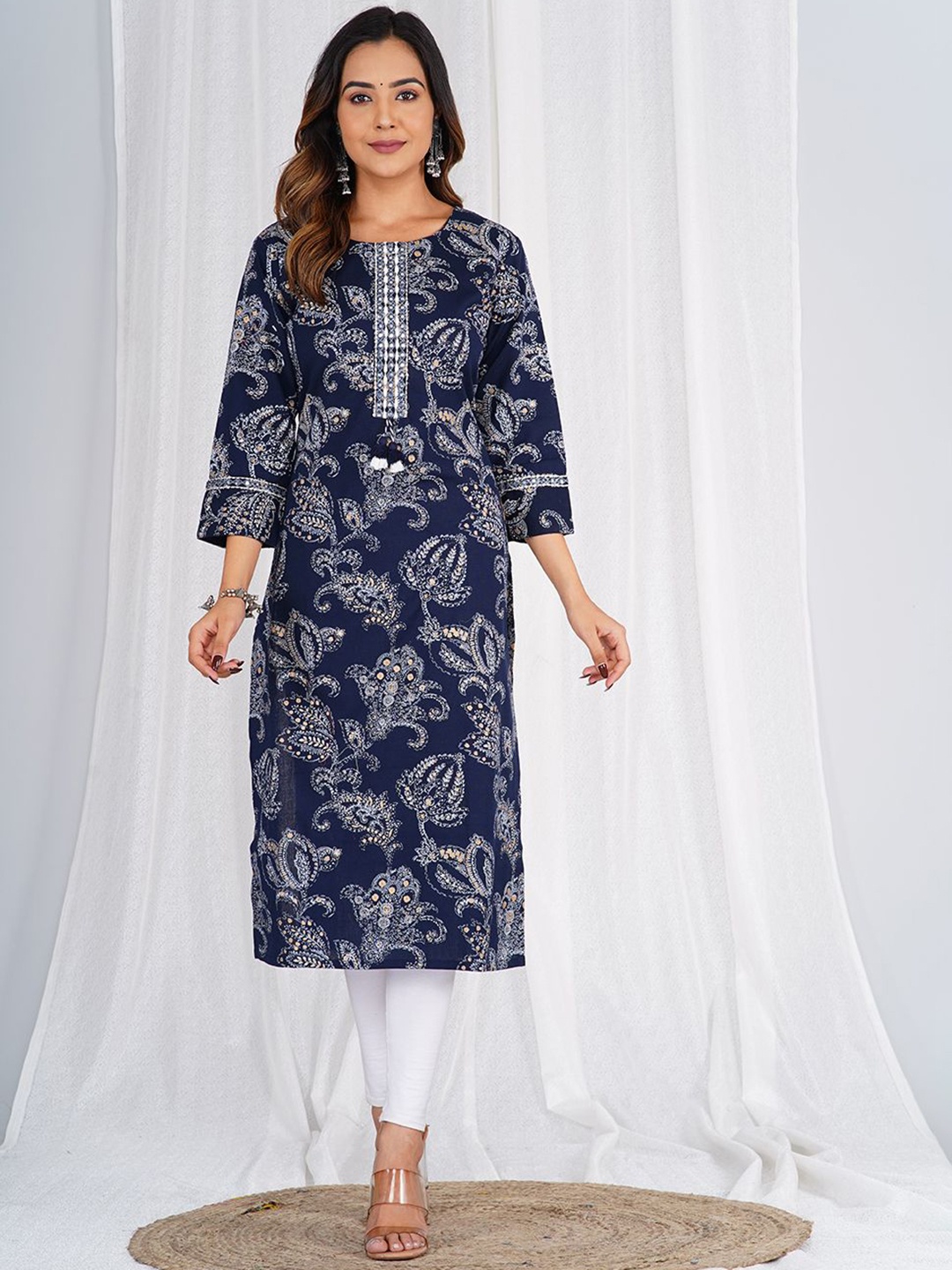 

KALINI Ethnic Motifs Printed Round Neck Cotton Gotta Patti Straight Kurta, Navy blue