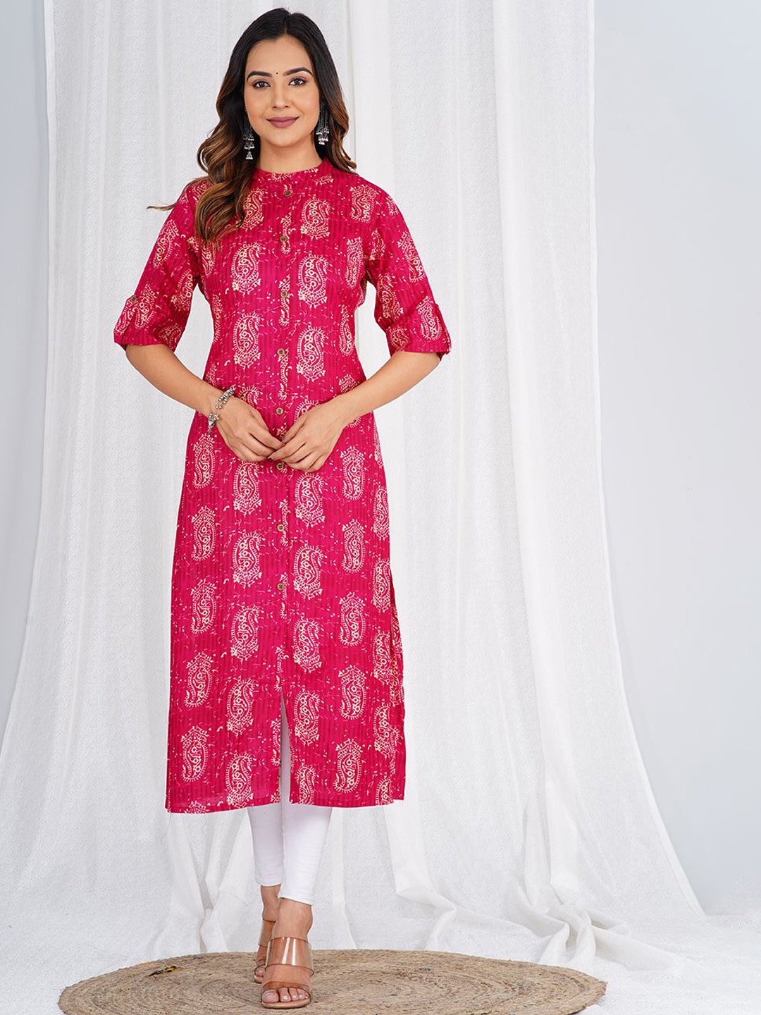 KALINI Ethnic Motifs Printed Mandarin Collar Cotton A-Line Kurta, Pink