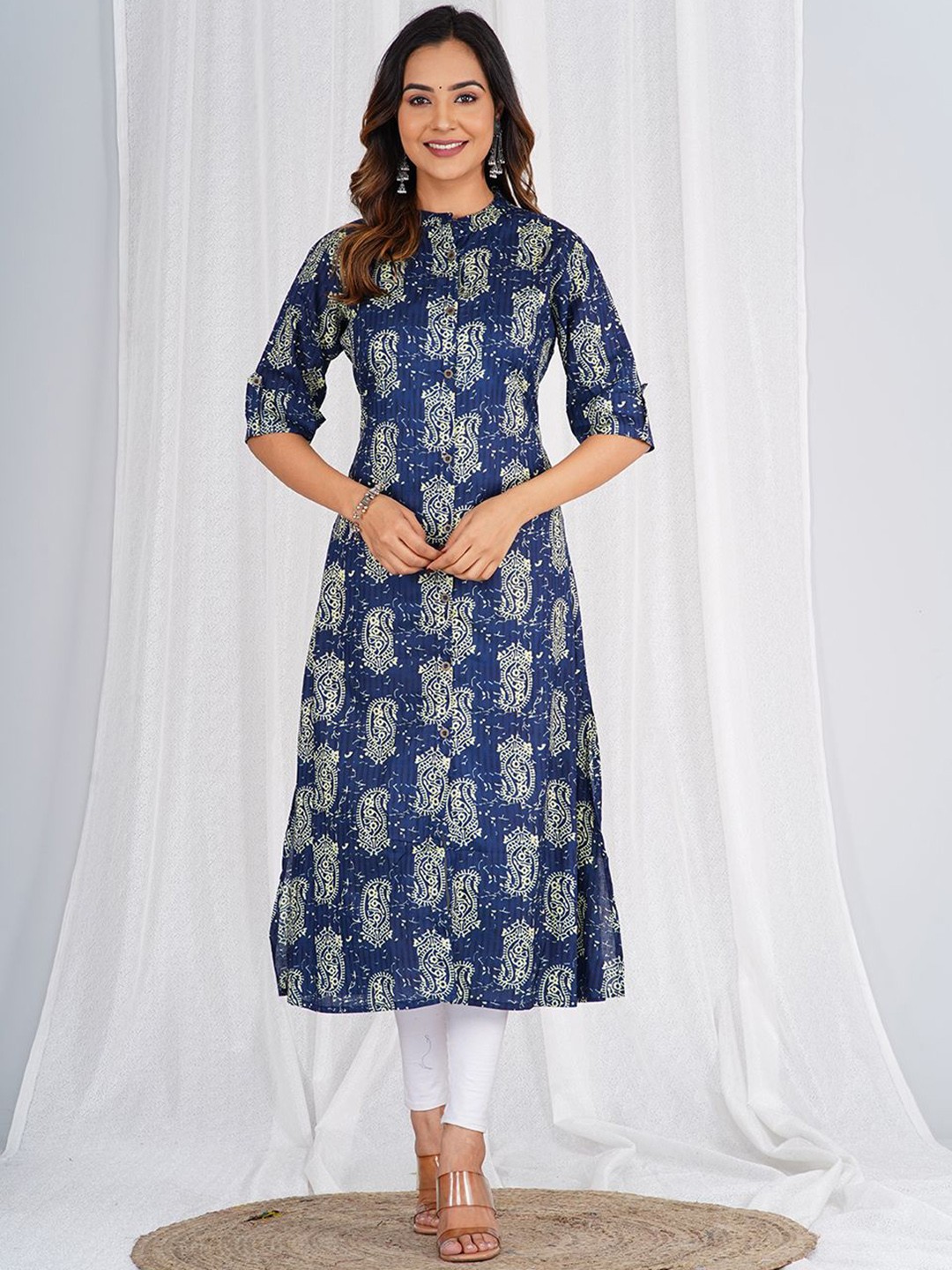 

KALINI Ethnic Motifs Printed Mandarin Collar Cotton A-Line Kurta, Blue