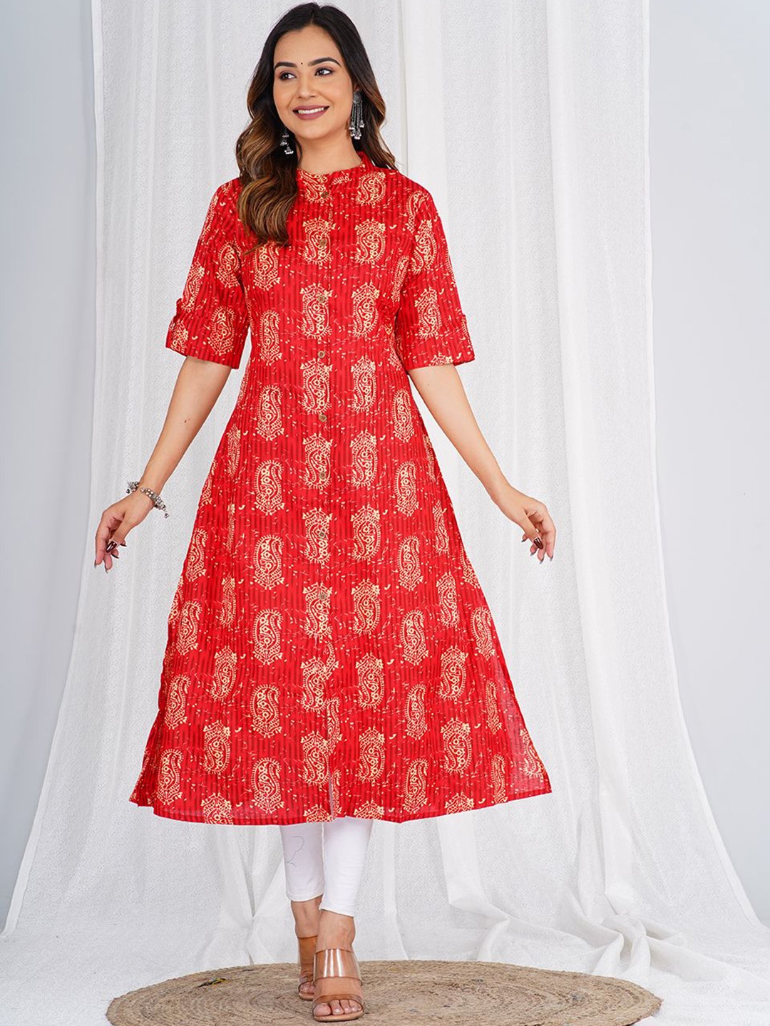 

KALINI Ethnic Motifs Printed Mandarin Collar Cotton A-Line Kurta, Red