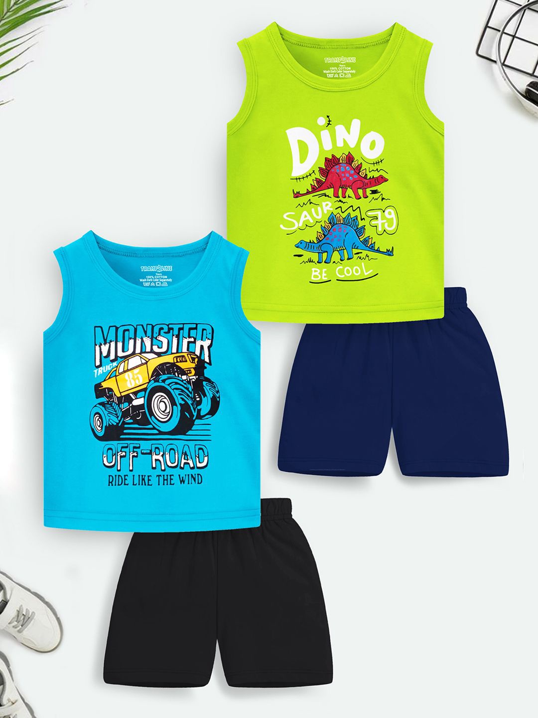 

YK X Trampoline Kids Pack Of 2 Printed T-shirt With Shorts, Green