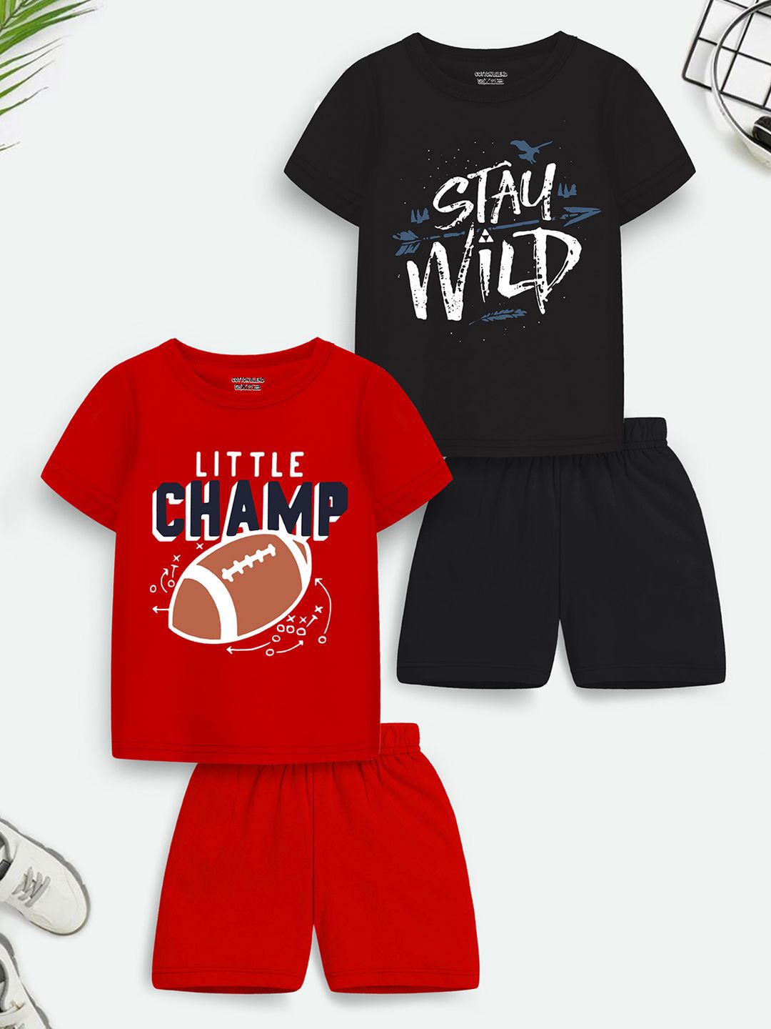 

YK X Trampoline Pack Of 2 Kids Printed T-shirt With Shorts, Red