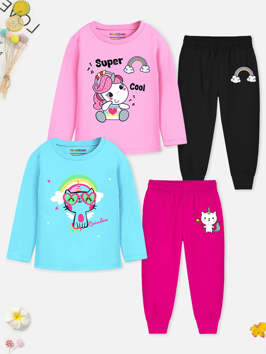 

YK X Trampoline Girls Pack Of 2 Graphic Printed Night suits, Black