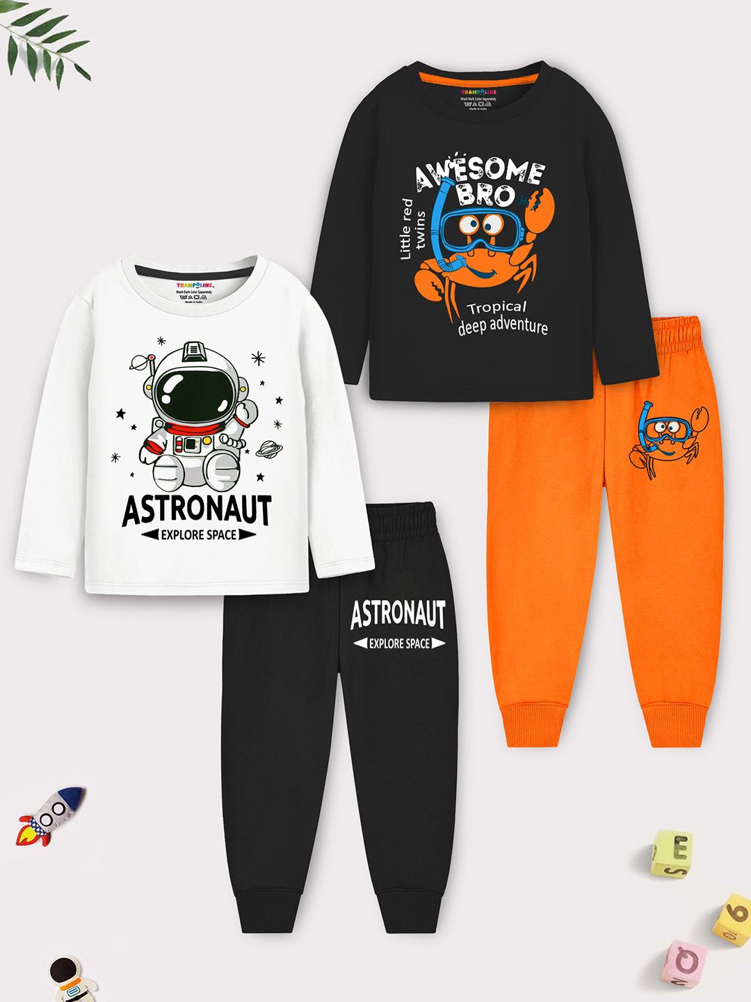 

YK X Trampoline Kids Pack Of 2 Graphic Printed Night suits, Black