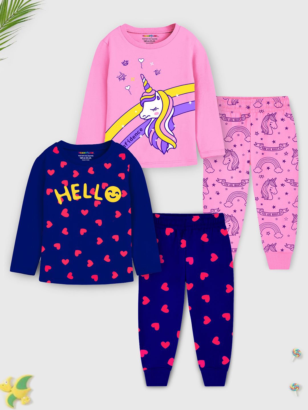 

YK X Trampoline Girls Pack Of 2 Graphic Printed Night suits, Pink