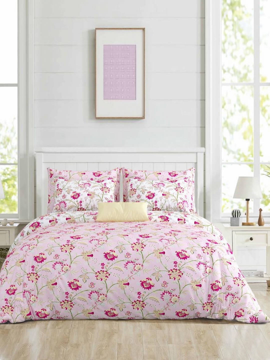 

Salona Bichona Pink & White Floral Printed Superfine Double Queen Pure Cotton Bedding Set