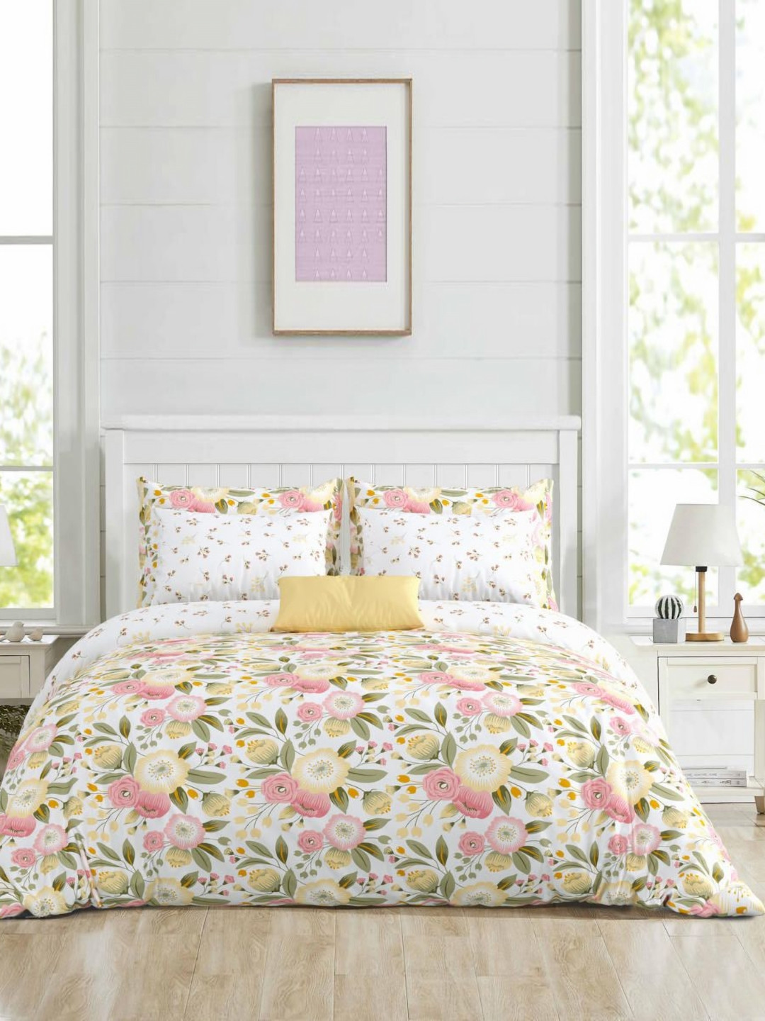 

Salona Bichona Pink & White Floral Printed Double Queen Pure Cotton Bedding Set