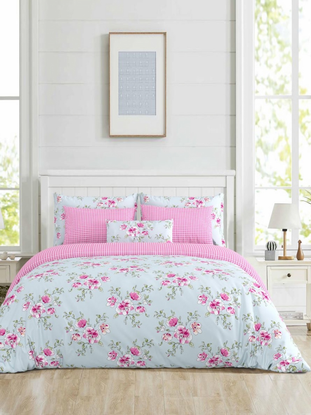 

Salona Bichona Blue & Pink Floral Printed Superfine Double Queen Pure Cotton Bedding Set