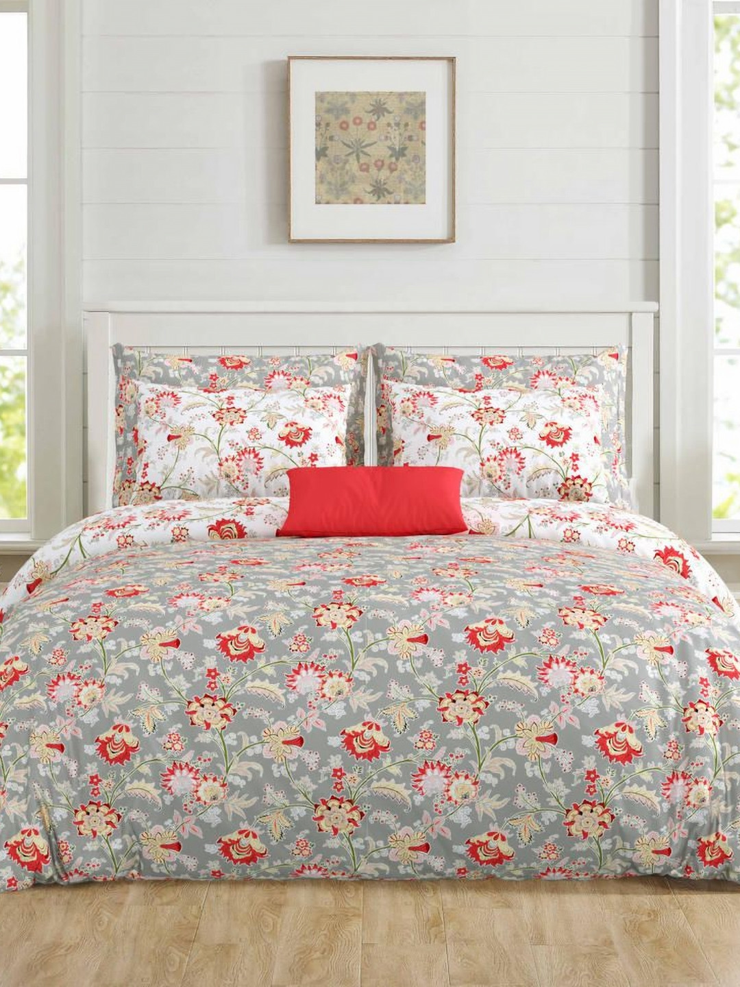 

Salona Bichona Grey & Pink Floral Printed Superfine Double Queen Pure Cotton Bedding Set