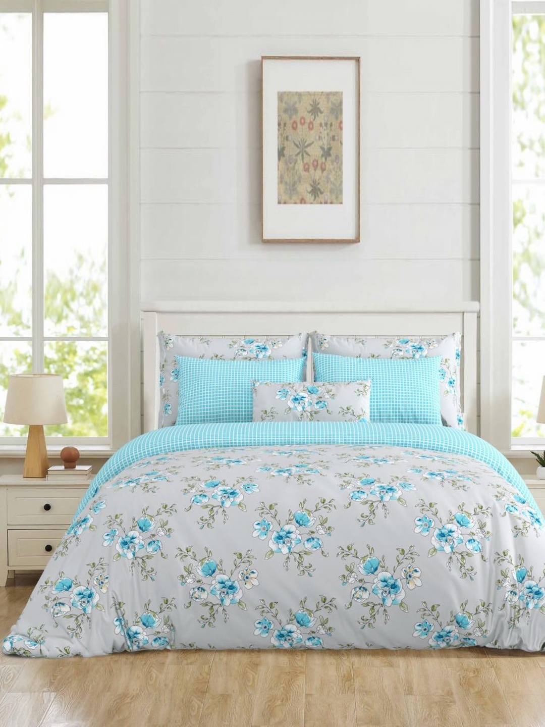 

Salona Bichona Blue & White Floral Printed Superfine Double Queen Pure Cotton Bedding Set