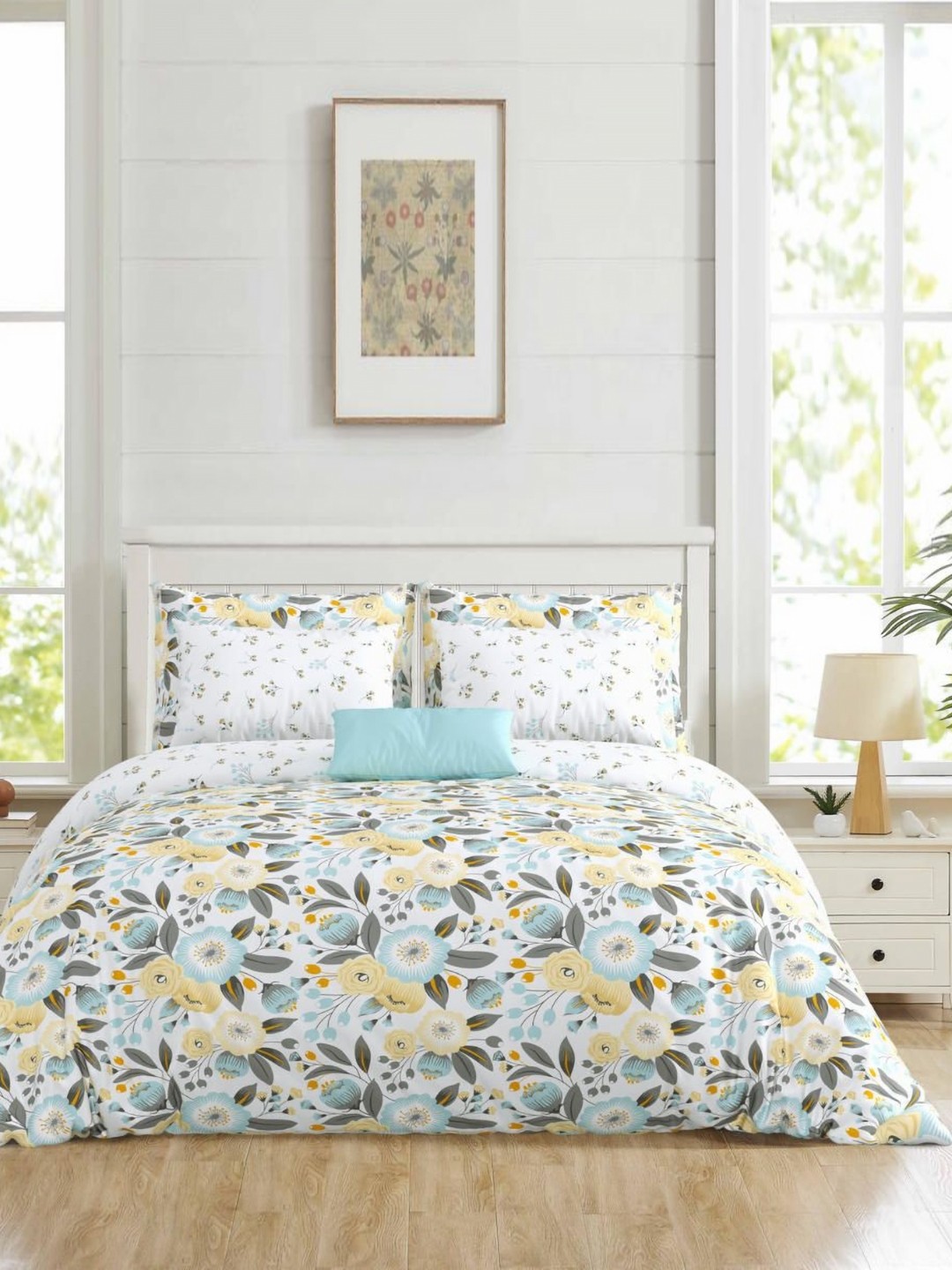 

Salona Bichona Grey & Yellow Floral Printed Double Queen Pure Cotton Bedding Set