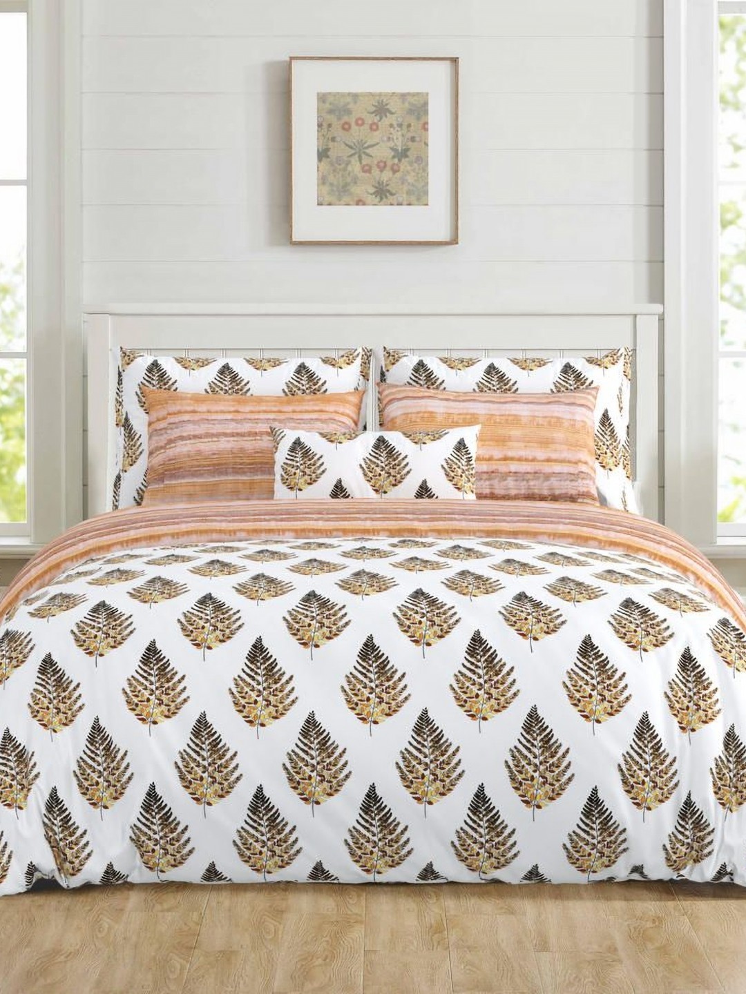 

Salona Bichona Brown & White Floral Printed Superfine Double Queen Pure Cotton Bedding Set