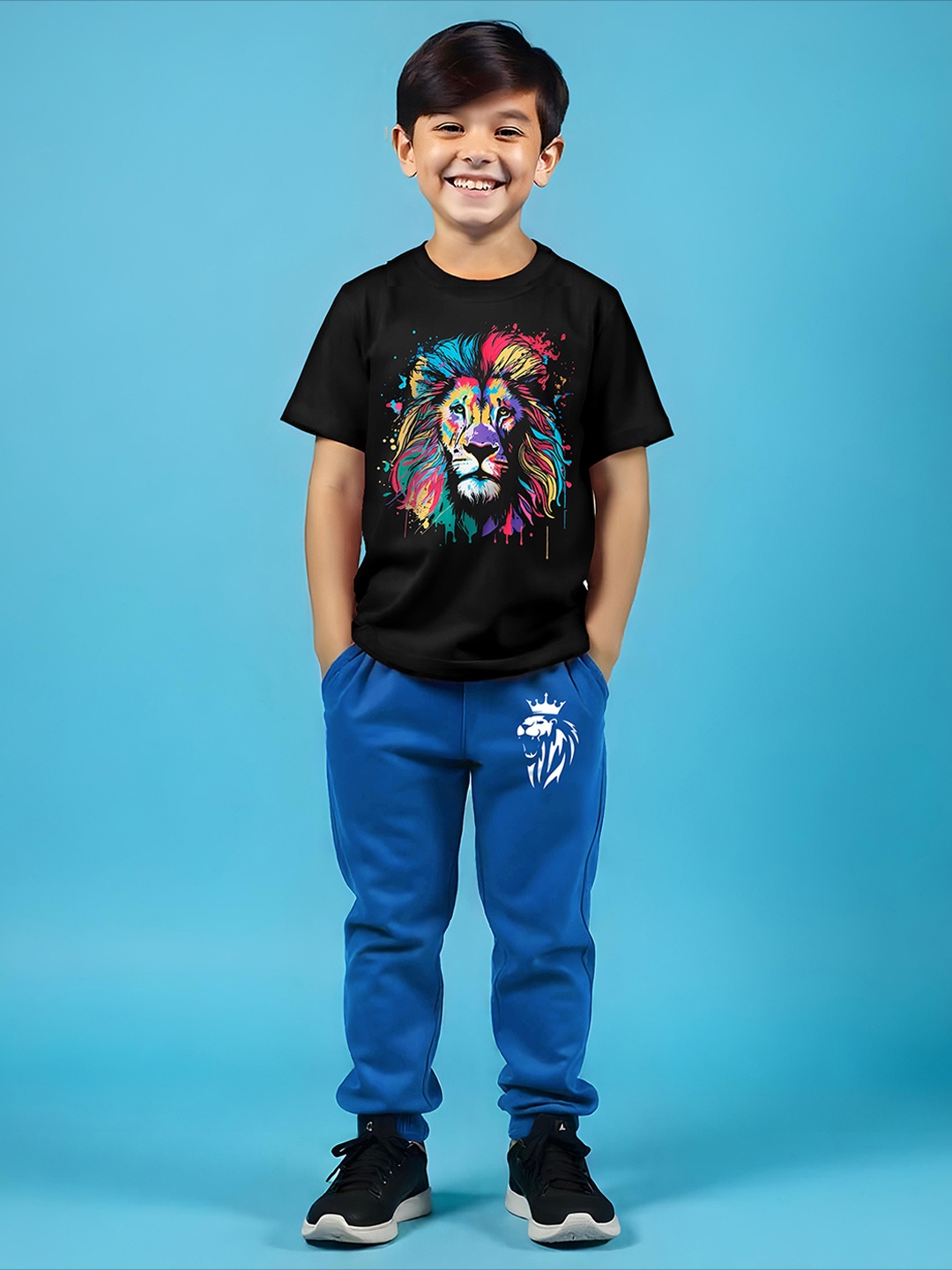 

YK X Trampoline Kids Graphic Printed Round Neck T-shirt with Trousers, Black