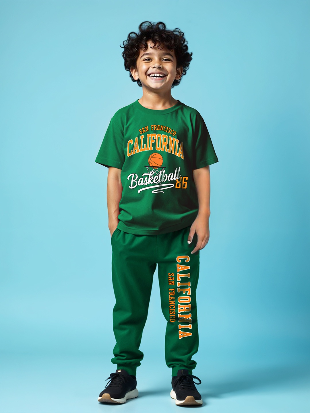 

YK X Trampoline Kids Printed T-shirt & Trackpant set, Green