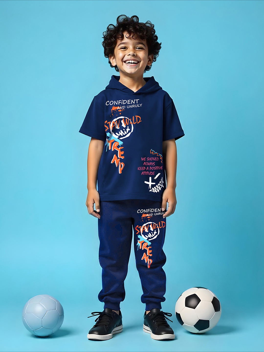 

YK X Trampoline Kids Printed Hooded T-shirt with Joggers, Navy blue