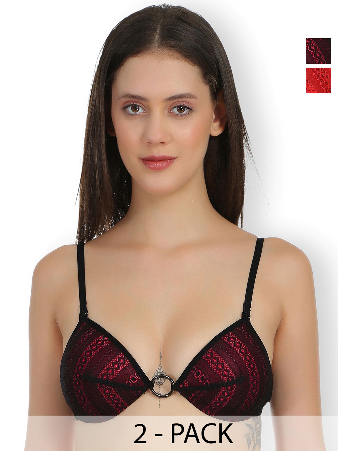 

SELFCARE Pack Of 2 Self Designed Cut and Sew Lightly Padded Lace Bra, Red