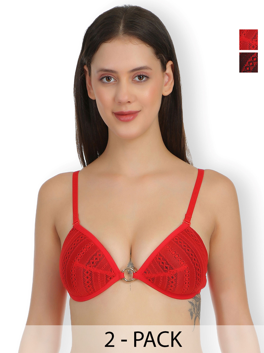 

SELFCARE Pack Of 2 Self Design Lightly Padded Plunge Bras With All Day Comfort, Red