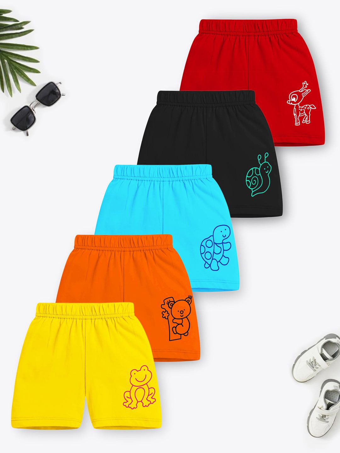 

YK X Trampoline Pack Of 5 Kids Graphic Printed Mid-Rise Cotton Shorts, Yellow