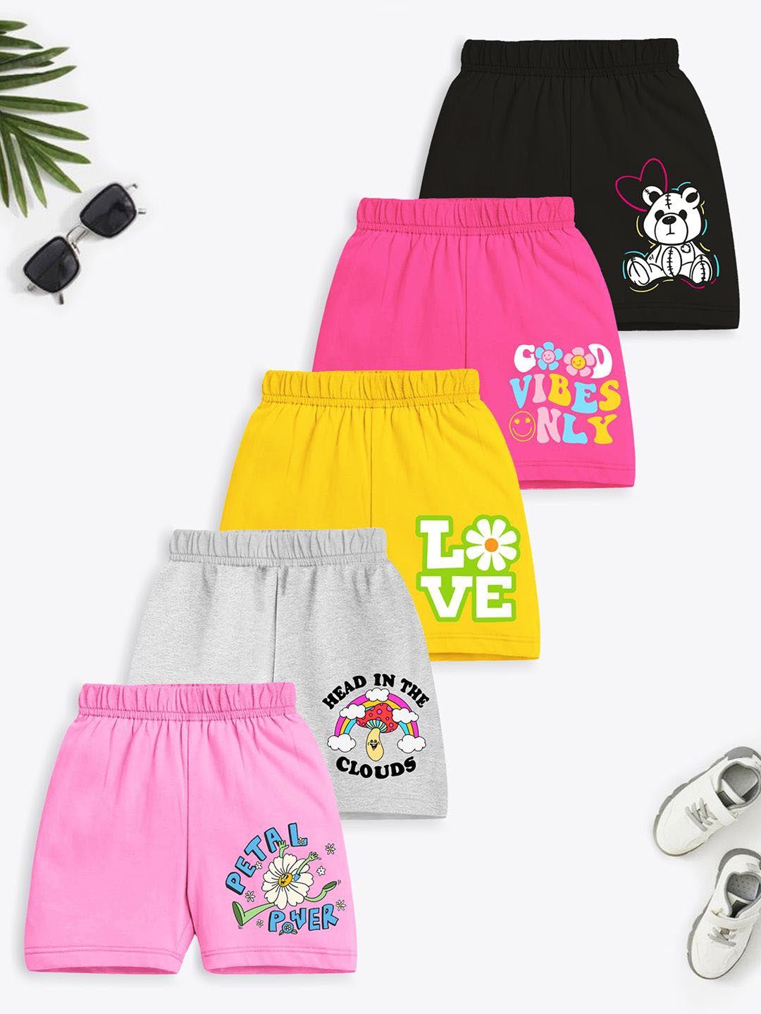 

YK X Trampoline Pack Of 5 Girls Graphic Printed Mid-Rise Cotton Shorts, Yellow